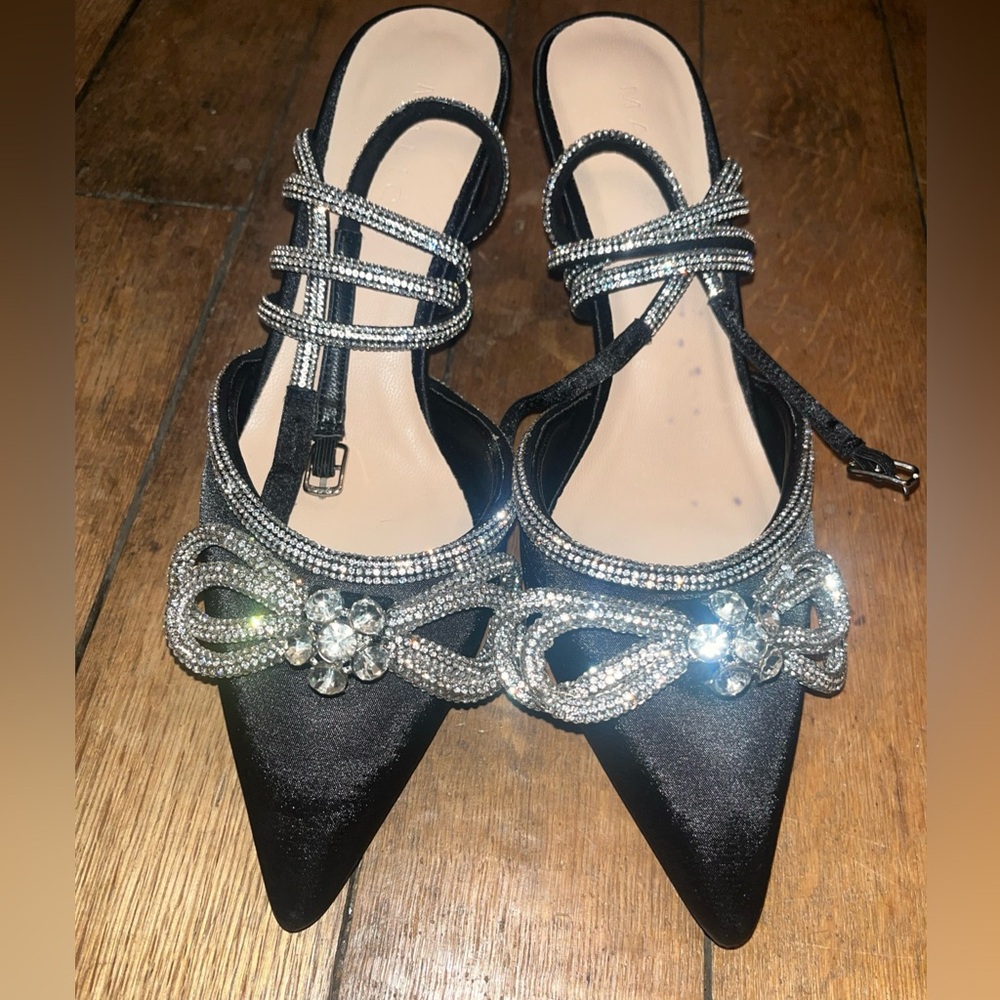 Maliqi Stiletto Heels Black Rhinestone Open Back Embellished Strap Sz 8 250mm
